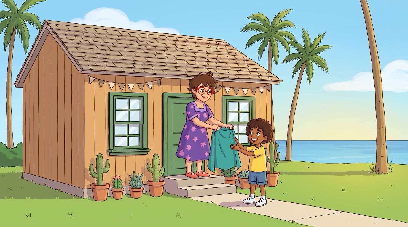 Mrs. Moo, in her purple flowered dress and no cape of her own, hands a teal cape to a smiling child on the porch of her cottage
