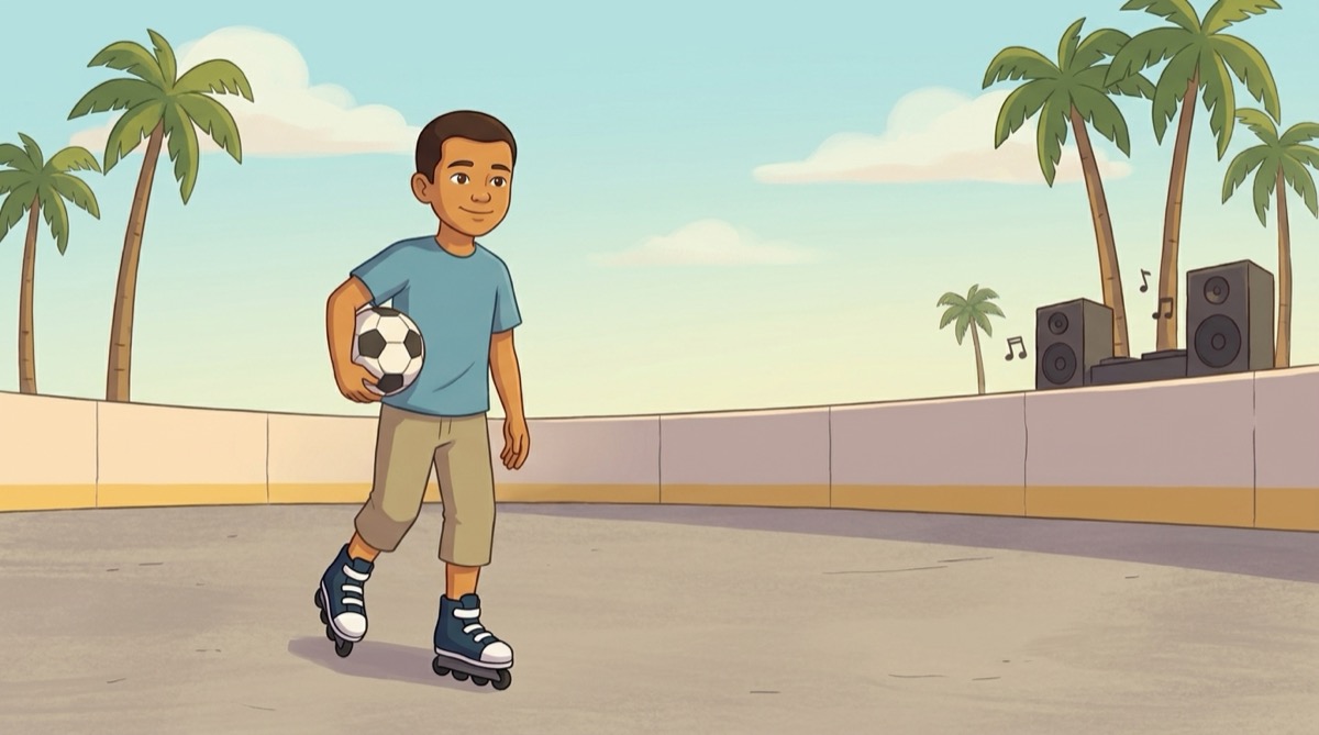 A page from a real generated book: the hero at the Venice Beach roller rink