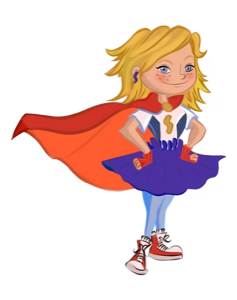 Lil’ Sass in her red cape, hands on hips, ready to go
